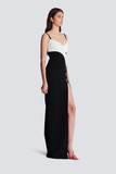 Two-tone Crepe Draped Long V-neck Split Dress
