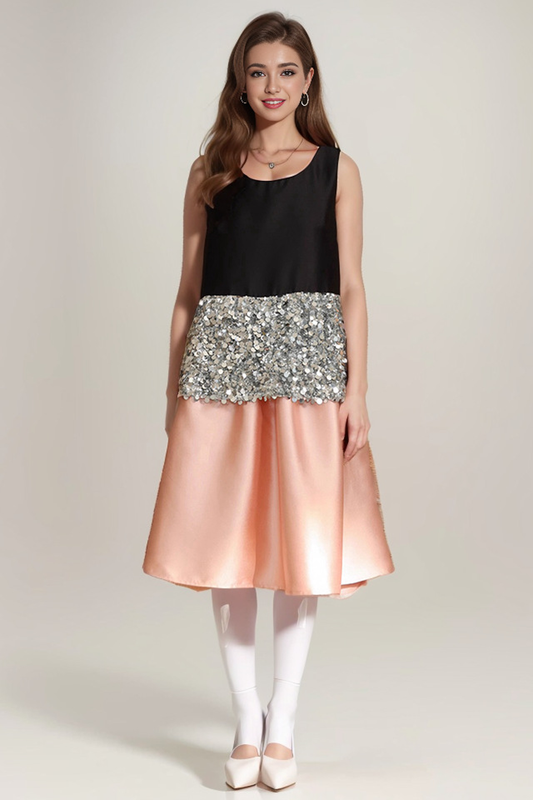 Elegant Sequin Top And Satin Skirt Dress