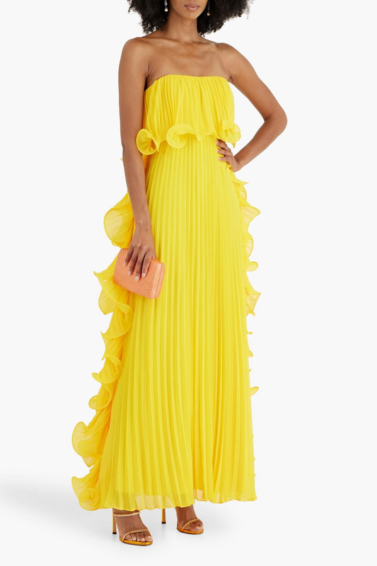 Strapless Pleated Ruffled Chiffon Gown