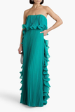 Strapless Pleated Ruffled Chiffon Gown