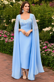 Blue Sweetheart Neck Cape Rhinestones Formal Dress