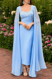 Blue Sweetheart Neck Cape Rhinestones Formal Dress
