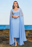Blue Sweetheart Neck Cape Rhinestones Formal Dress