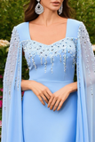 Blue Sweetheart Neck Cape Rhinestones Formal Dress