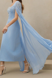 Blue Sweetheart Neck Cape Rhinestones Formal Dress