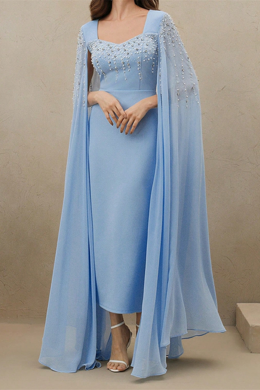 Blue Sweetheart Neck Cape Rhinestones Formal Dress