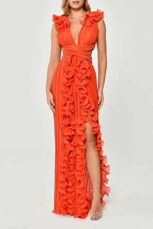 Pleated Ruffle Orange Maxi Dress