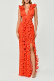 Pleated Ruffle Orange Maxi Dress