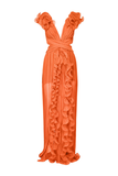 Pleated Ruffle Orange Maxi Dress