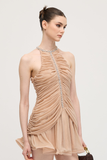 Embellished Ruched Mini Dress In Apricot