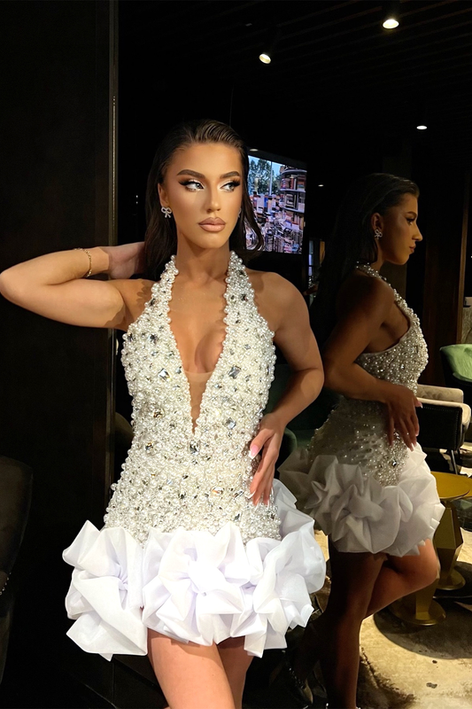 Halter Pearl Crystal Dress White