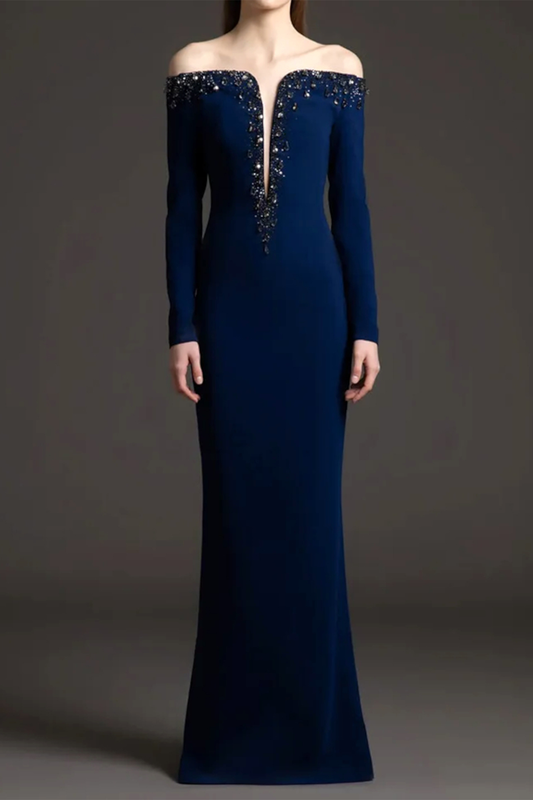 Long Sleeve Crystal Bardot Maxi Dress Navy Blue