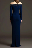 Long Sleeve Crystal Bardot Maxi Dress Navy Blue