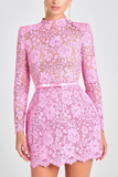 Flower Lace Long Sleeve Bow Belted Mini Dress