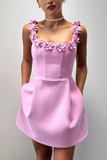 Faux Pearl Flower Applique Mini Dress