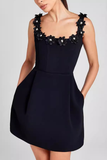 Faux Pearl Flower Applique Mini Dress