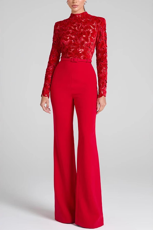 Elegant Lace Panel Flared Jumpsuit