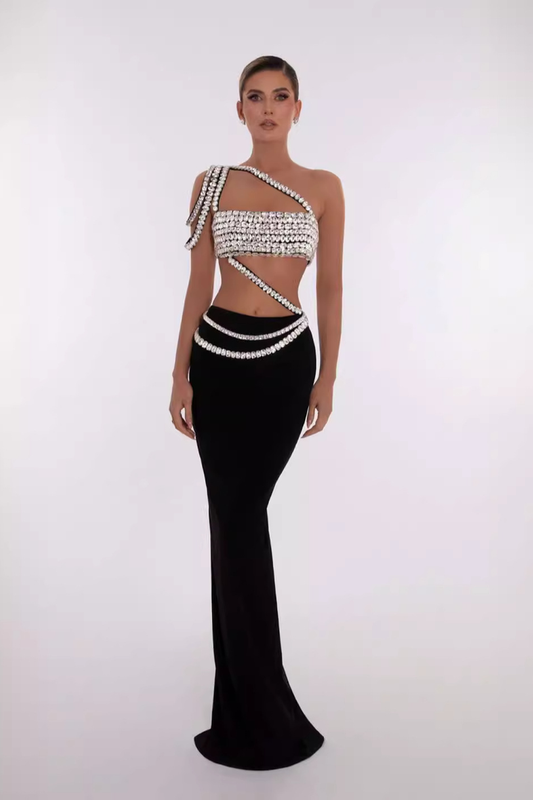 Silver Crop Top With Black Skirt