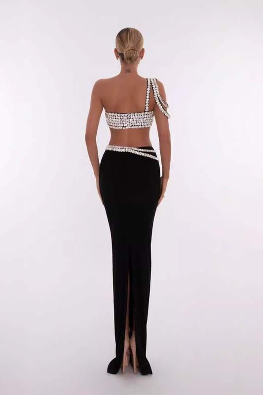 Silver Crop Top With Black Skirt