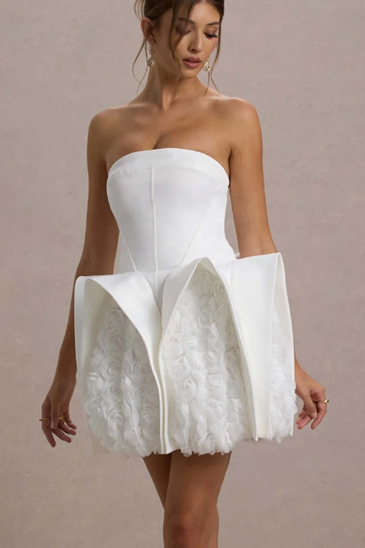 White Bandeau Mini Dress With Puff Floral Hem