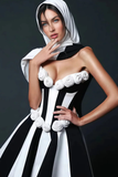 Strapless Floral Balck White Stripe Dress