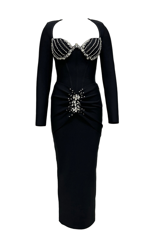 Elegant Diamond Bandage Long Sleeve Dress