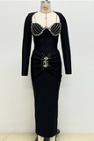 Elegant Diamond Bandage Long Sleeve Dress