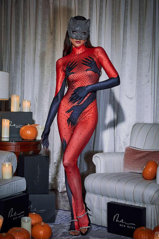 Esau Hands Printed Rhinestone Gloves Jumpsuit In Red