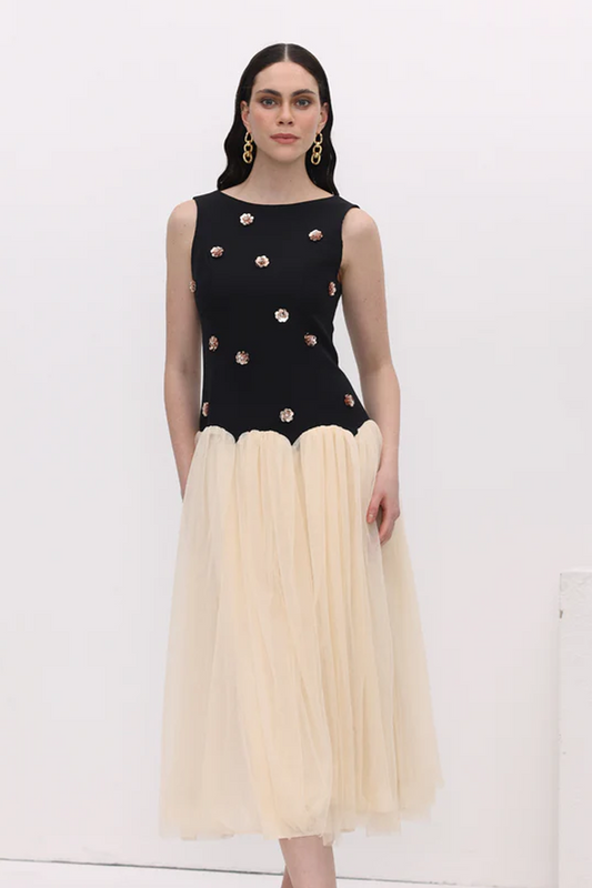 Vintage Contrast Tulle Midi Dress