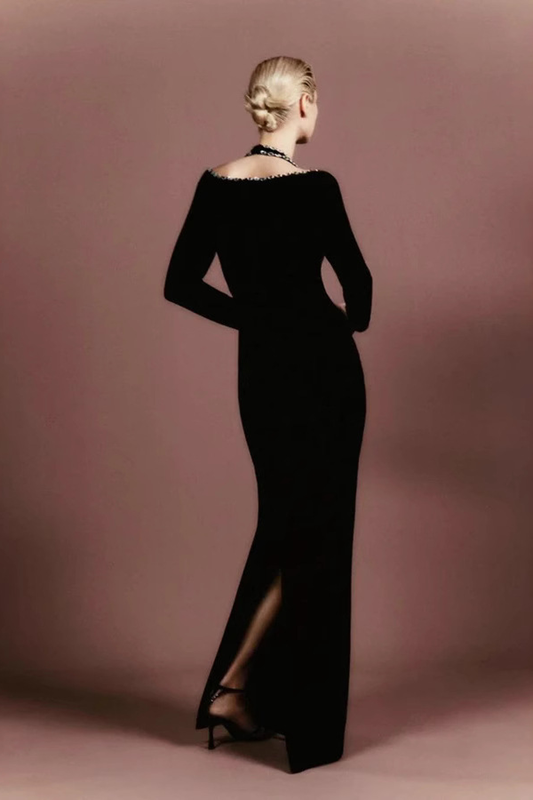 Long Sleeve Halter Crystal Maxi Dress