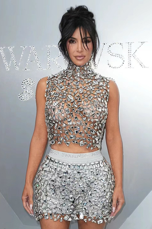 Halter Neck Rhinestone Vest Skirt Set