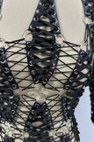 Sexy Long Sleeve Hollow Out Black Mini Laced Backless