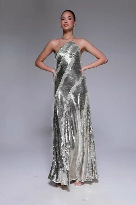 Mesh Ruffle Inserts Sequin Maxi Dress
