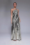 Mesh Ruffle Inserts Sequin Maxi Dress