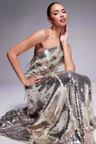 Mesh Ruffle Inserts Sequin Maxi Dress