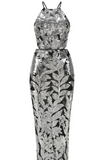 Halter Sequin Floral Maxi Dress Black Silver