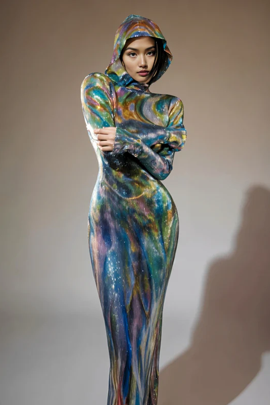 Ombre Long Sleeve Hooded Maxi Dress