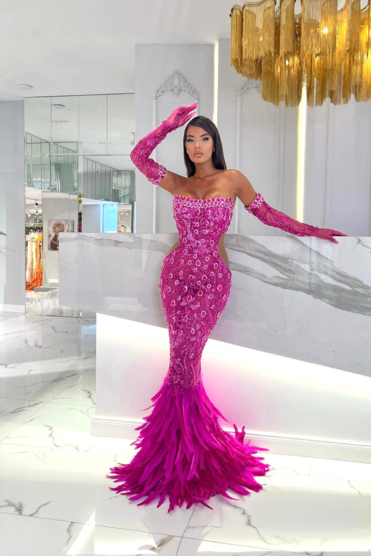 Strapless Sequin Feather Maxi Dress