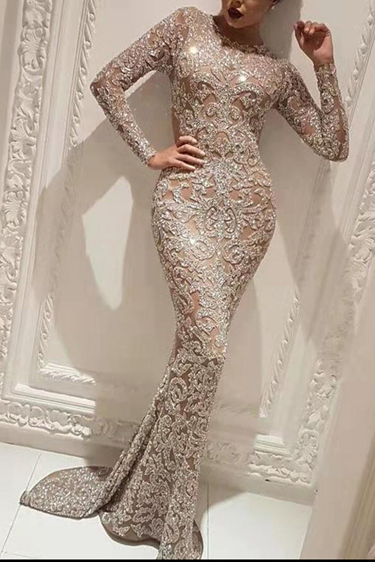 Silver Embellished Sequin Maxi Dress