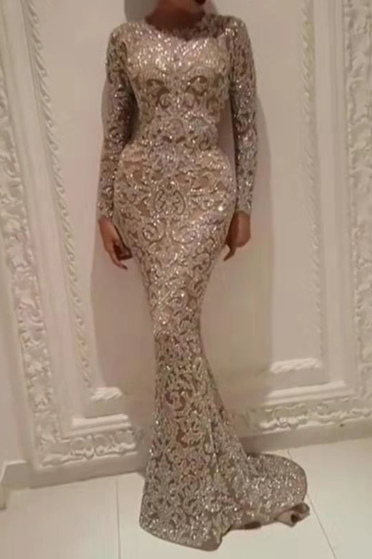 Silver Embellished Sequin Maxi Dress