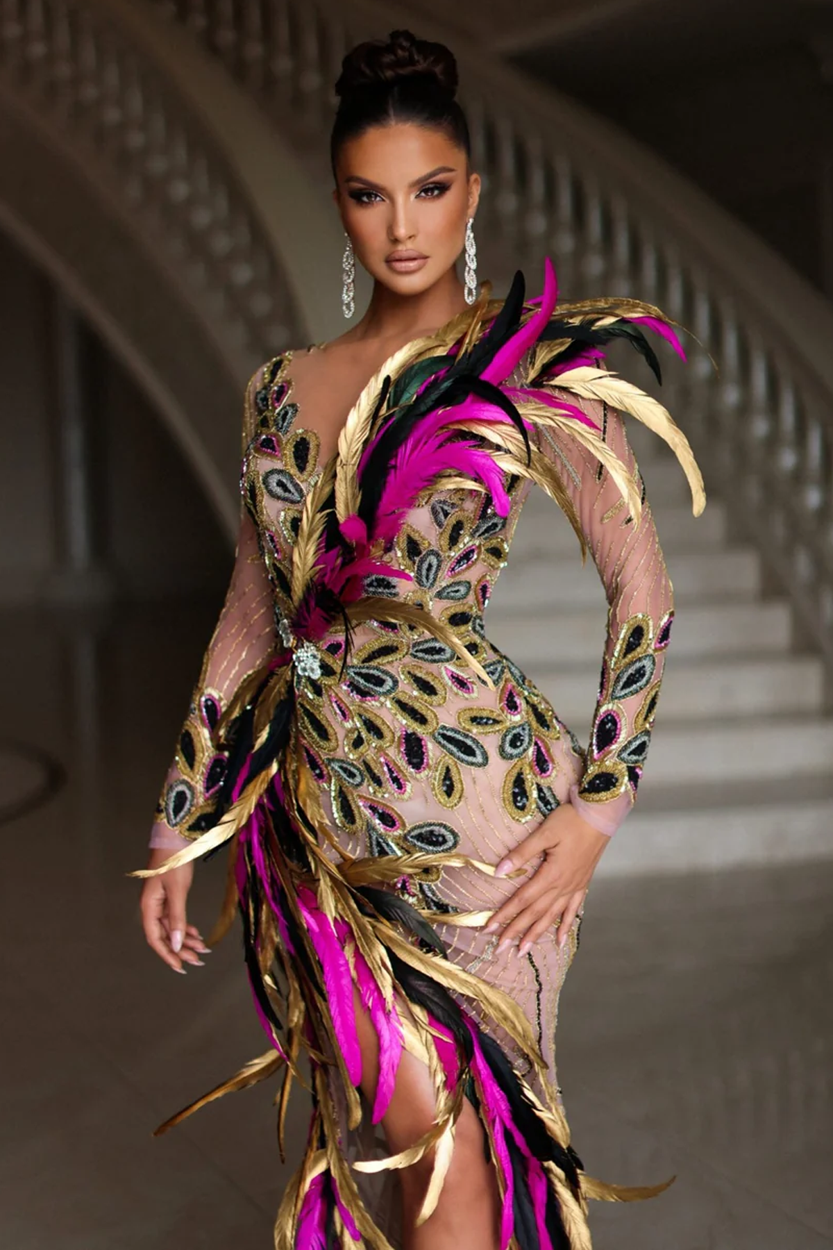 Feather Dress with Deep Slit