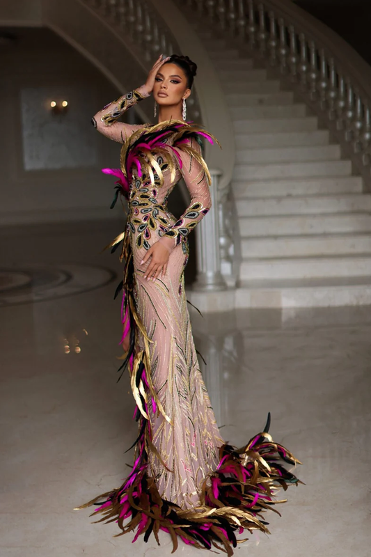 Feather Dress with Deep Slit