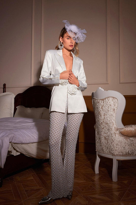 Pearl Embellished Flower Cutout Blazer Set