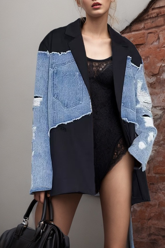 Oversized Denim Black Distressed Blazer
