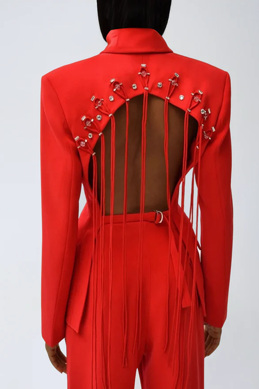 Cutout Fringe Backless Blazer In Red