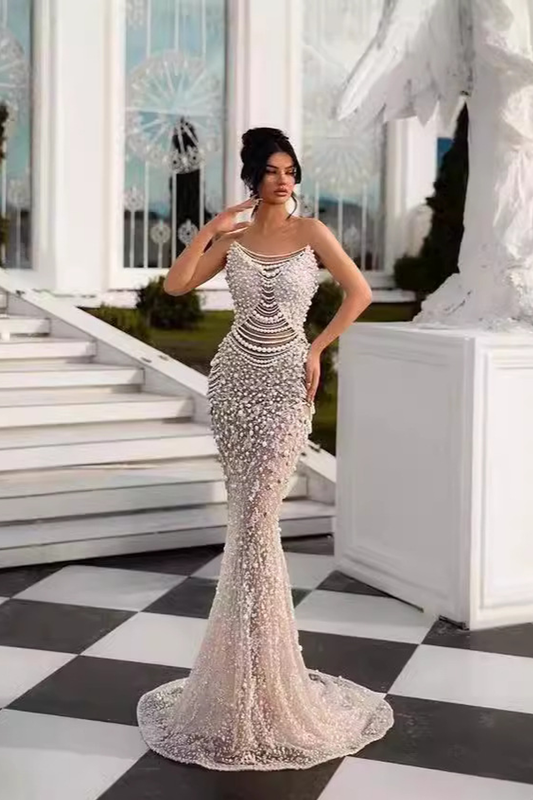 Strapless Pearl Sequins Maxi Dress