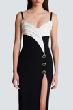 Two-tone Crepe Draped Long V-neck Split Dress