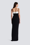 Two-tone Crepe Draped Long V-neck Split Dress