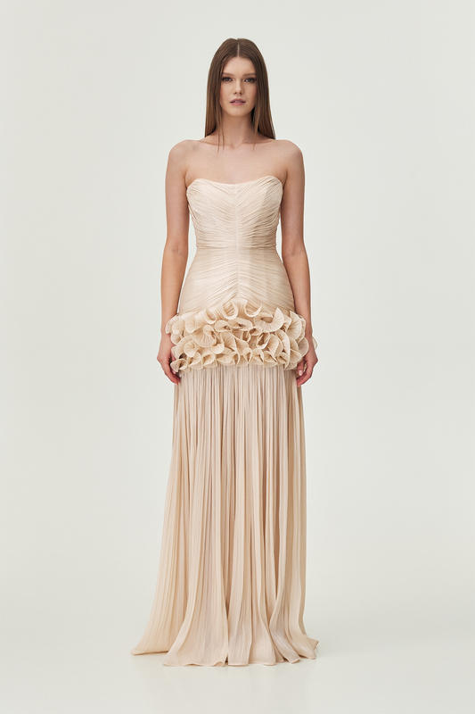 Strapless Ruched Ruffle Maxi Dress
