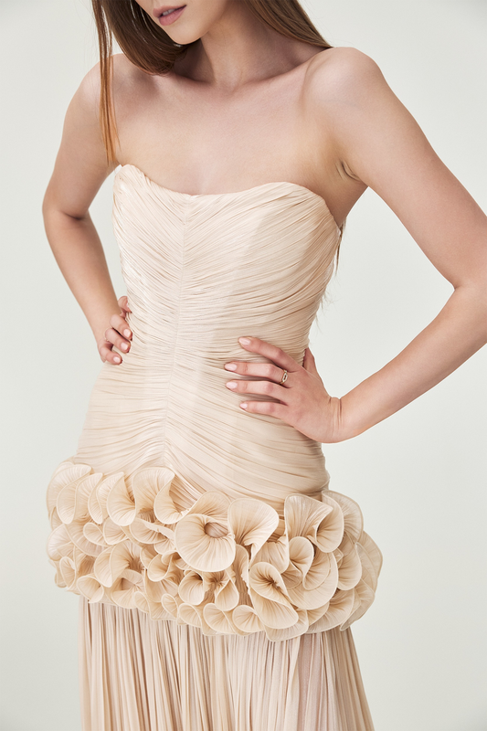 Strapless Ruched Ruffle Maxi Dress